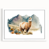 Llama and alpaca-themed wall art framed in white with a mat, showcasing a vibrant design perfect for animal lovers and modern decor enthusiasts.