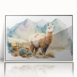 Framed wall art featuring a vibrant llama and alpaca design in a modern style, displayed in a white frame, ideal for animal lovers and home decor enthusiasts.