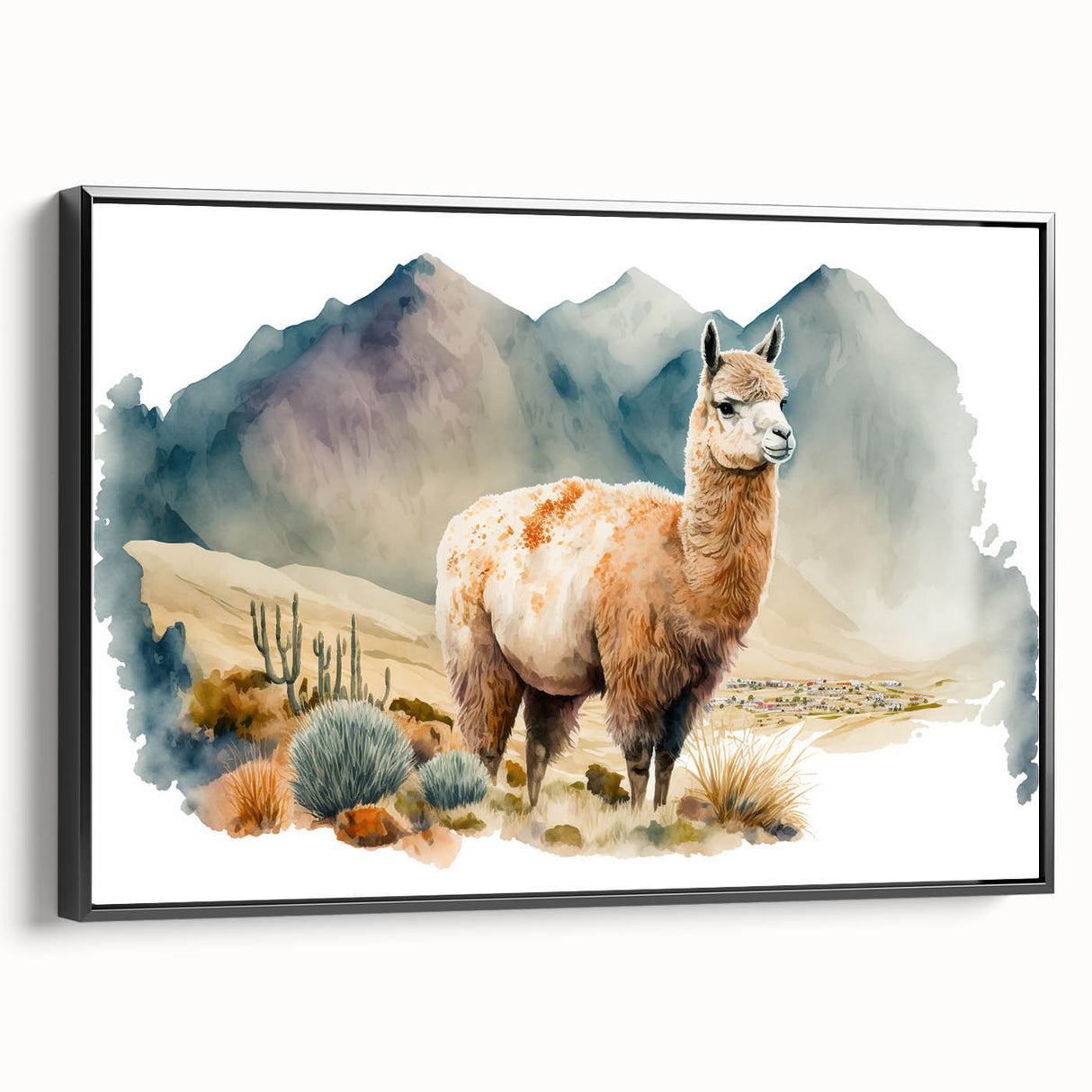 Framed wall art featuring a side view of a llama and alpaca design, showcasing vibrant colors and intricate details, perfect for animal lovers and home decor enthusiasts.