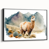 Framed wall art featuring a side view of a llama and alpaca design, showcasing vibrant colors and intricate details, perfect for animal lovers and home decor enthusiasts.