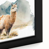 Close-up of a framed canvas wall art featuring a llama and alpaca design, showcasing vibrant colors and intricate details, perfect for animal lovers and home decor enthusiasts.