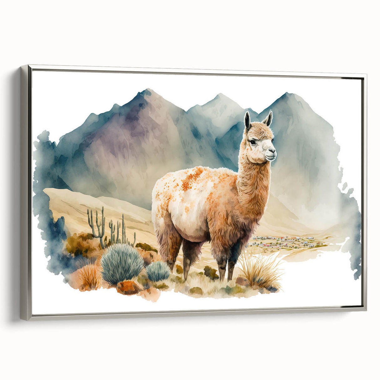 Framed wall art featuring a silver side view of a llama and an alpaca, showcasing intricate details and vibrant colors, perfect for animal lovers' decor.