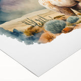 Colorful rolled canvas wall art depicting a whimsical llama and alpaca design, showcasing vibrant patterns and playful details, perfect for animal lovers' decor.