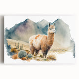 Llama and alpaca wall art design on stretched canvas, showcasing a vibrant color palette and detailed textures, perfect for animal-themed decor.