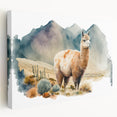 Stretched canvas wall art showcasing a side view of a vibrant llama and alpaca design, featuring earthy tones and intricate details, perfect for animal lovers.