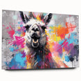 Close-up of a vibrant acrylic glass wall art piece showcasing a llama and alpaca design, displayed in a side view with decorative pins, ideal for animal lovers.