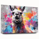 Close-up of a vibrant acrylic glass wall art piece showcasing a llama and alpaca design, displayed in a side view with decorative pins, ideal for animal lovers.