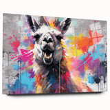 Acrylic glass wall art showcasing a side view of a colorful llama and alpaca design, perfect for adding a vibrant touch to home decor. Ideal for animal lovers and bohemian styles.