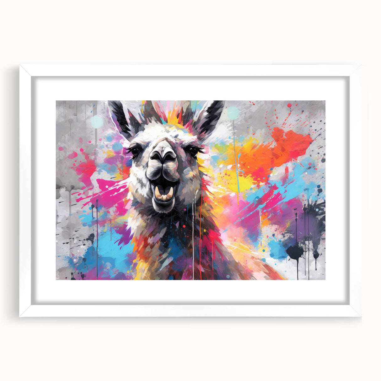 Wall art collection featuring a whimsical llama and alpaca design, framed with a white mat, perfect for enhancing home decor with a playful touch.