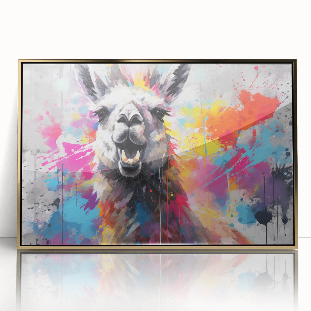 Framed wall art featuring a detailed illustration of a llama and an alpaca in a vibrant gold-accented design, perfect for animal lovers and modern decor.