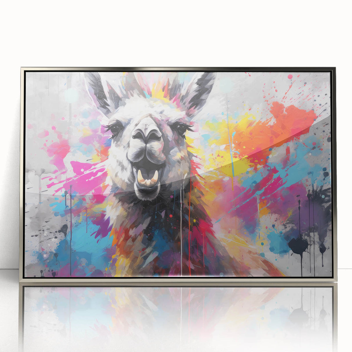Framed wall art showcasing a vibrant llama and alpaca design, featuring intricate details and a sleek silver frame, perfect for adding a touch of wildlife decor to any space.