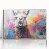 Framed wall art featuring a vibrant llama and alpaca design, set against a white background, perfect for adding a playful touch to home decor.