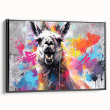 Framed wall art featuring a black side view of a llama and alpaca design, showcasing vibrant colors and intricate details, perfect for animal lovers and home decor.