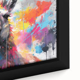 Close-up of a framed canvas wall art featuring a vibrant llama and alpaca design with intricate details, showcasing soft colors and textures ideal for animal lovers' decor.