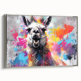 Framed wall art featuring a side view of a llama and an alpaca, showcasing intricate details and vibrant colors on a silver background, perfect for animal lovers.