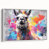 Framed wall art collection showcasing a side view of a llama and alpaca design on a white background, perfect for animal lovers and modern decor. The vibrant colors and intricate details highlight the unique characteristics of these animals, making it an eye-catching addition to any room.