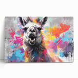 Colorful stretched canvas wall art showcasing a whimsical llama and alpaca design, perfect for animal lovers and home decor enthusiasts, leaning against a wall.