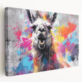Stretched canvas wall art showcasing a side view of a whimsical llama and alpaca design, featuring vibrant colors against a neutral background, perfect for animal lovers.