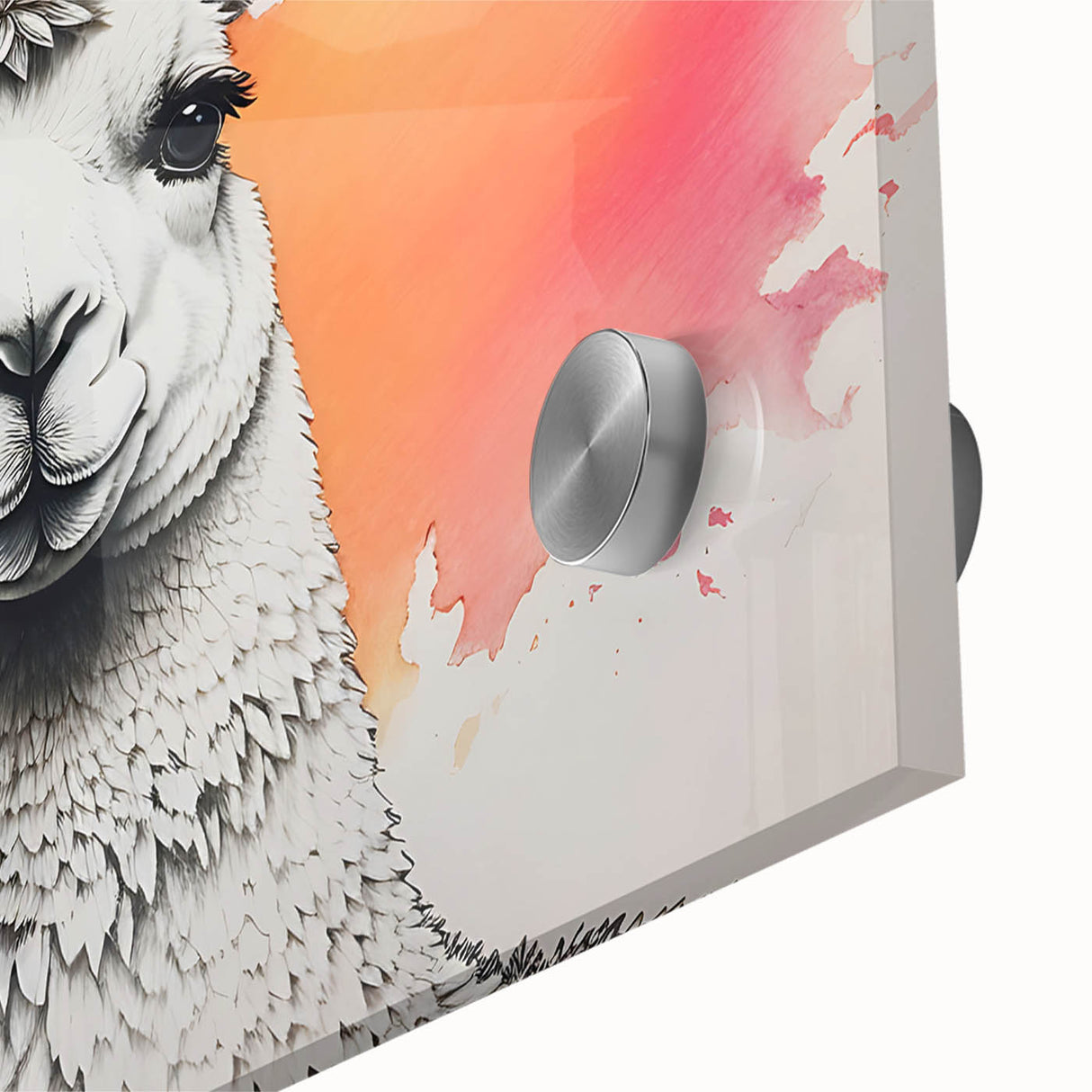 Close-up of a vibrant acrylic glass artwork featuring a llama and an alpaca, showcasing their unique textures and colors, perfect for wildlife decor enthusiasts.
