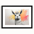 Black-framed wall art featuring a whimsical llama and alpaca design, showcasing vibrant colors and playful details, perfect for animal lovers' decor.