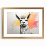 Llama and alpaca wall art framed with a gold mat, showcasing vibrant colors and intricate details, perfect for enhancing home decor or as a unique gift.