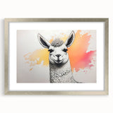 Framed llama and alpaca wall art collection showcasing a vibrant wildlife design with a silver mat, perfect for adding a touch of nature to home decor.