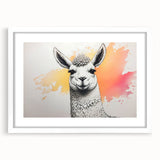 Llama and alpaca wall art collection framed with a white mat, showcasing vibrant animal designs that enhance modern decor in any space.