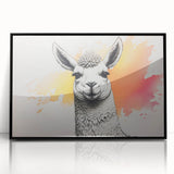 Framed black wall art featuring a close-up view of a llama and alpaca design, showcasing intricate details and vibrant colors against a sleek background. Perfect for animal lovers and modern decor.