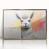 Framed wall art featuring a striking front view of a llama and alpaca design, set in an elegant gold frame, perfect for animal lovers’ decor.