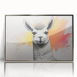 Framed acrylic wall art featuring a stunning close-up of a silver llama and alpaca design, ideal for enhancing modern decor with vibrant wildlife imagery.