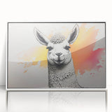 Framed acrylic wall art featuring a whimsical llama and alpaca design in a stylish white frame, perfect for adding a playful touch to home decor.