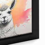 Close-up of a framed canvas art piece showcasing a vibrant llama and alpaca design, perfect for animal lovers and home decor enthusiasts. The colorful illustration captures the playful essence of these animals, making it an ideal addition to any wall art collection.