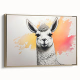 Framed wall art featuring a side view of a llama and alpaca design, showcasing intricate details and vibrant colors against a gold background, perfect for animal lovers.