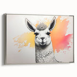 Framed canvas wall art featuring a side view of a llama and alpaca design, with a silver frame and vibrant colors, ideal for animal lovers and modern decor.