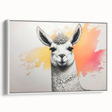 Framed canvas wall art featuring a stylish side view of a llama and alpaca design, showcasing intricate details and vibrant colors, perfect for animal lovers and home decor enthusiasts.