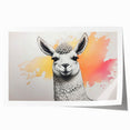 Llama and alpaca wall art design featuring vibrant colors and intricate details, rolled and ready for display in a protective cardboard tube for easy shipping.