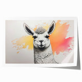 Llama and alpaca wall art design featuring vibrant colors and intricate details, rolled and ready for display in a protective cardboard tube for easy shipping.