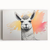 Front view of a stretched canvas wall art featuring a whimsical design of a llama and an alpaca, showcasing vibrant colors and intricate details, perfect for animal lovers' decor.