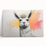 Vibrant stretched canvas artwork showcasing a whimsical llama and alpaca design, perfect for animal lovers, adding a playful touch to home decor.