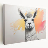 Vibrant stretched canvas wall art showcasing a side view of a llama and alpaca in a whimsical design, perfect for animal lovers and home decor enthusiasts.