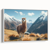 Framed wall art featuring a side view illustration of a llama and alpaca design, showcasing vibrant colors on a white background, ideal for animal lovers and home decor.
