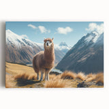 Front view of a vibrant stretched canvas featuring a llama and alpaca design from a wildlife art collection, showcasing colorful details ideal for animal lovers' decor.
