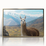 Framed wall art featuring a vibrant gold-accented design of a llama and alpaca, ideal for animal lovers and home decor enthusiasts, showcasing a playful, colorful aesthetic.