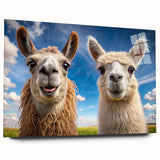 Side view of an acrylic glass wall art collection showcasing a vibrant llama and alpaca design, perfect for animal lovers, enhancing home decor with colorful wildlife imagery.