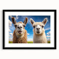 Close-up of a black-framed wall art collection featuring a whimsical llama and alpaca design, perfect for animal lovers, adding a playful touch to home decor.