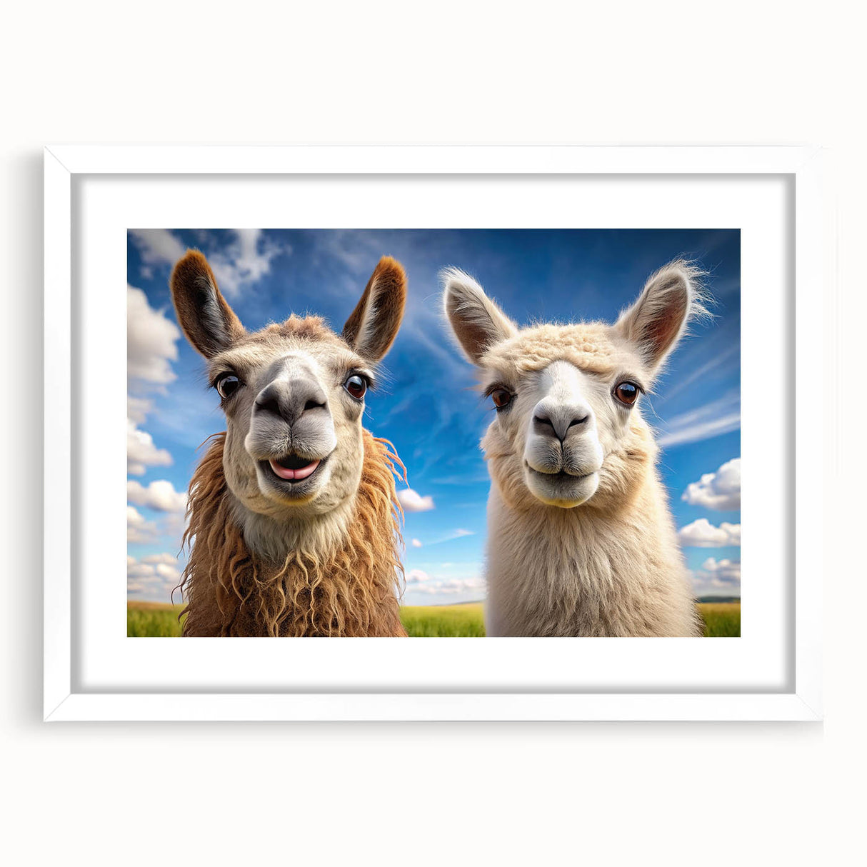 Framed wall art collection showcasing vibrant llama and alpaca designs on a white background, perfect for animal lovers and home decor enthusiasts.