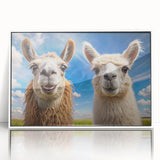 Framed wall art featuring a striking design of a llama and alpaca, showcased in a sleek white frame with a modern aesthetic, perfect for animal lovers and home decor.