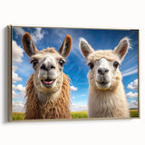 Framed wall art featuring a gold-accented design of a llama and an alpaca, showcasing vibrant colors and intricate details, ideal for animal lovers' decor.