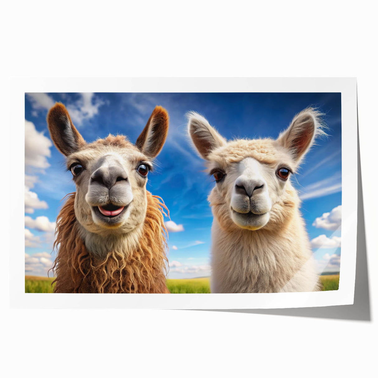 Colorful rolled print of a llama and alpaca design, showcasing whimsical wildlife art, perfect for home decor or nursery walls, packaged securely in a tube.
