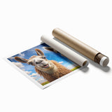 Colorful wall art print showcasing a detailed illustration of a llama and an alpaca, perfect for animal lovers, displayed in a rolled format for easy framing and decor enhancement.
